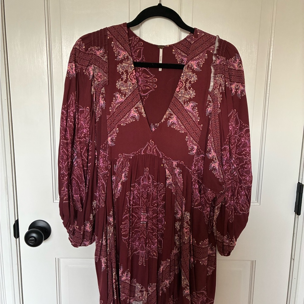 Free People Burgundy Paisley Boho Peasant Top